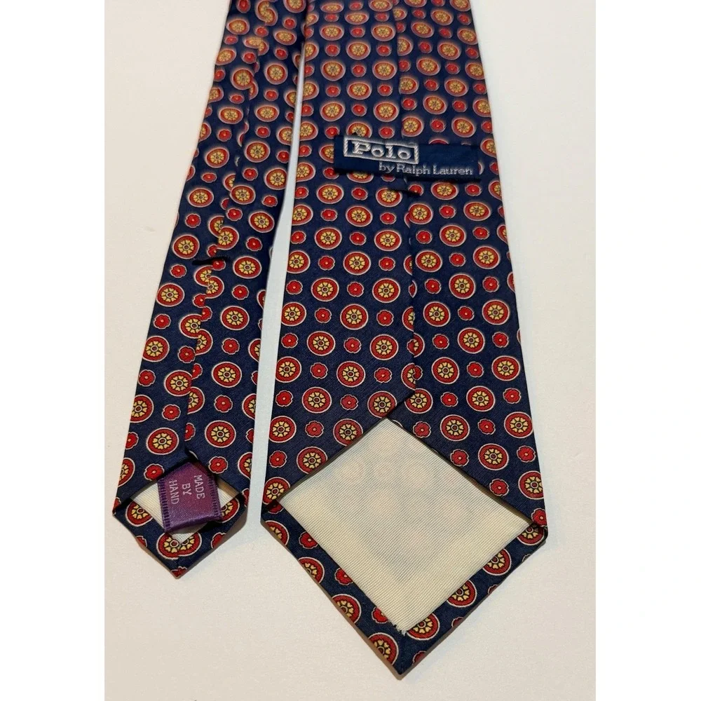 Polo Ralph Lauren Necktie Navy Blue Linen Silk Medallion Geometric Preppy Tie